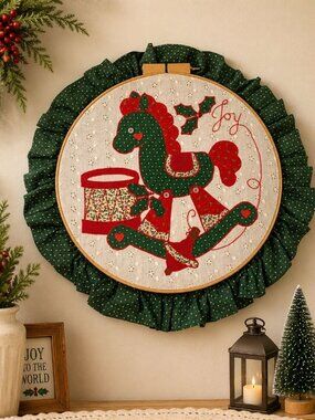 Handmade Christmas Rocking Horse Joy Drum Ruffled Edge Wall Art Embroidery Hoop